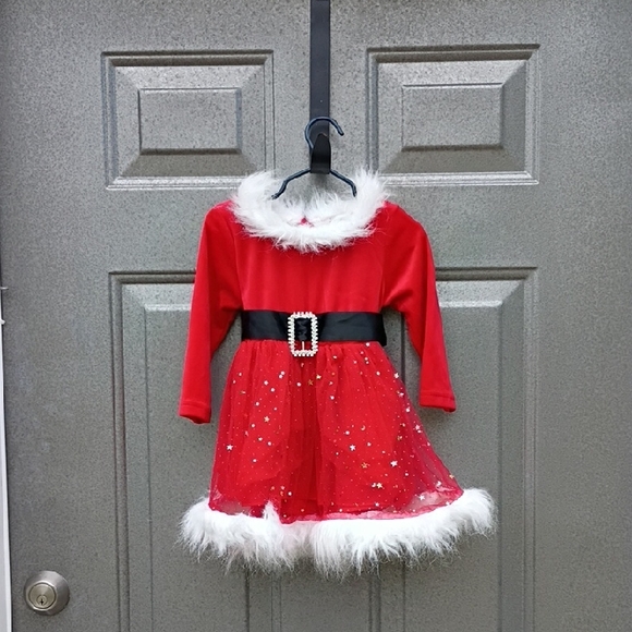 Little Girls Red Glittery, Christmas Party Dress, Faux Fur Trim - Picture 1 of 8